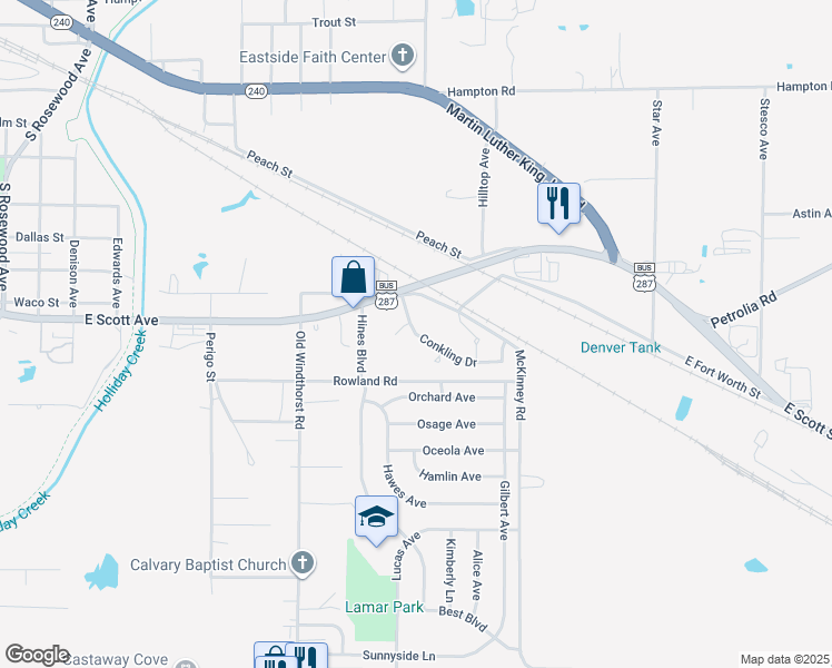 map of restaurants, bars, coffee shops, grocery stores, and more near 1610 Conkling Drive in Wichita Falls
