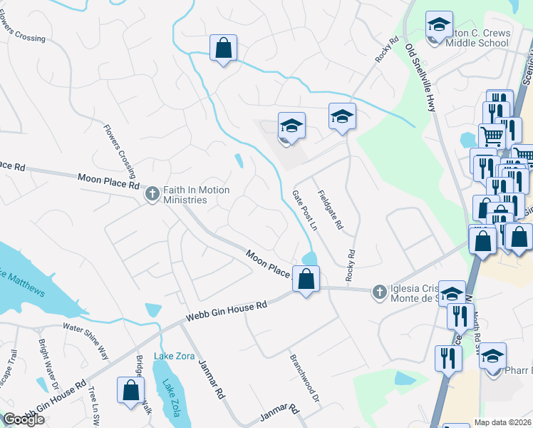map of restaurants, bars, coffee shops, grocery stores, and more near 1150 Belgrave Bend in Snellville