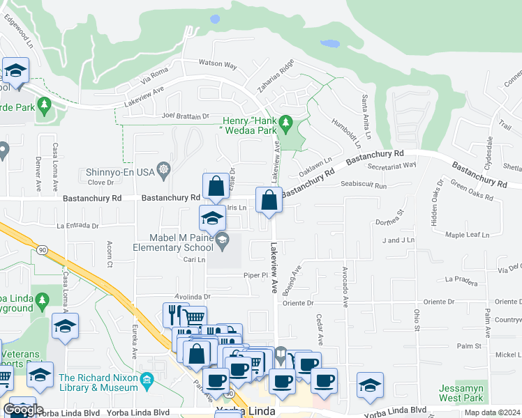 map of restaurants, bars, coffee shops, grocery stores, and more near 4339 Citrus Grove Lane in Yorba Linda