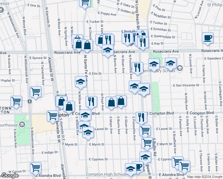 map of restaurants, bars, coffee shops, grocery stores, and more near 412 North Mayo Avenue in Compton