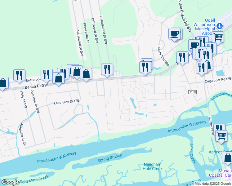 map of restaurants, bars, coffee shops, grocery stores, and more near 1654 Waterway Drive Southwest in Ocean Isle Beach