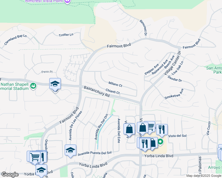 map of restaurants, bars, coffee shops, grocery stores, and more near 20255 Chianti Court in Yorba Linda