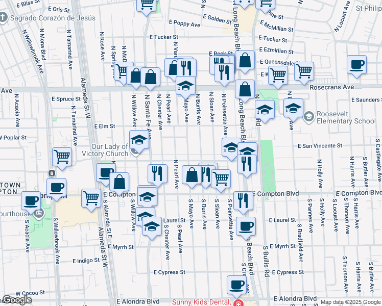 map of restaurants, bars, coffee shops, grocery stores, and more near 412 North Mayo Avenue in Compton