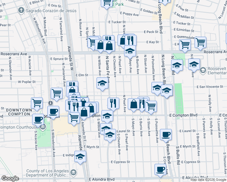map of restaurants, bars, coffee shops, grocery stores, and more near 723 East Palmer Street in Compton