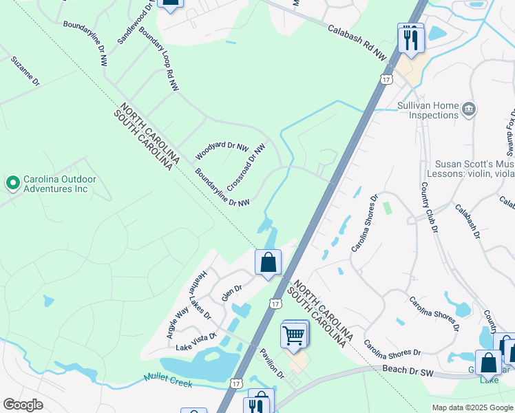map of restaurants, bars, coffee shops, grocery stores, and more near 163 Boundaryline Drive Northwest in Calabash