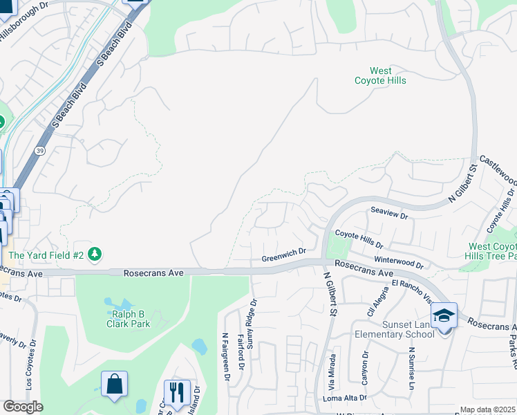 map of restaurants, bars, coffee shops, grocery stores, and more near 2530 Coventry Circle in Fullerton