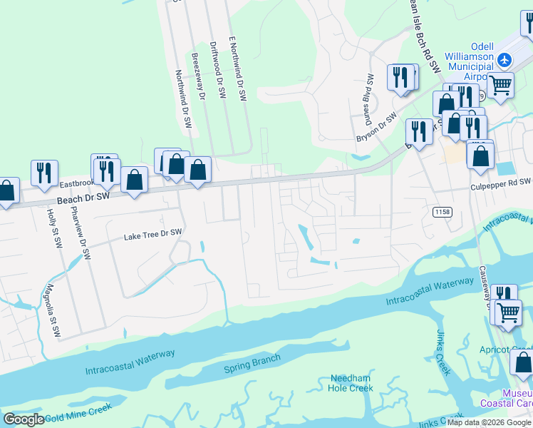 map of restaurants, bars, coffee shops, grocery stores, and more near 1654 Waterway Drive Southwest in Ocean Isle Beach