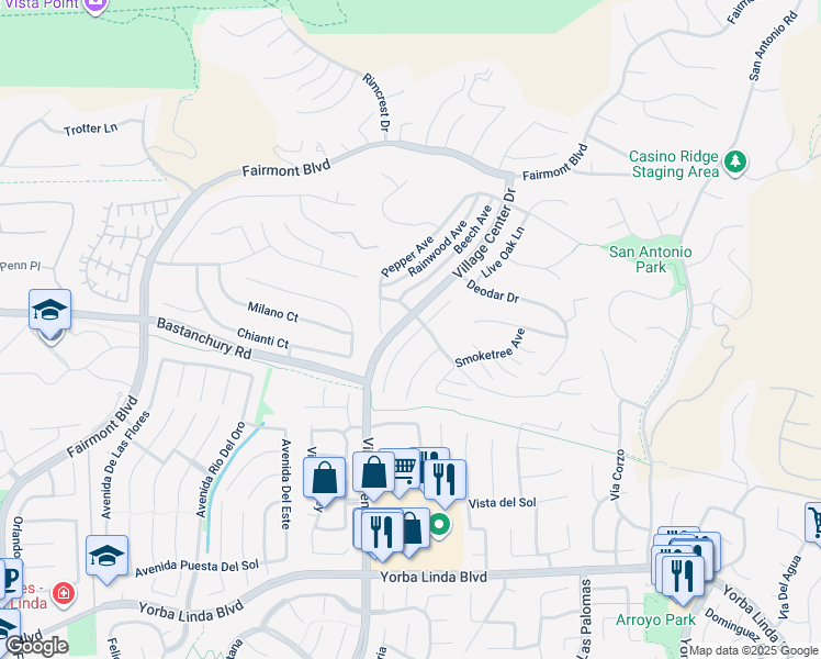 map of restaurants, bars, coffee shops, grocery stores, and more near 4309 Camphor Avenue in Yorba Linda