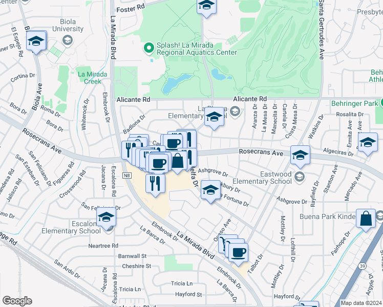 map of restaurants, bars, coffee shops, grocery stores, and more near Rosecrans Ave & Adelfa Dr in La Mirada