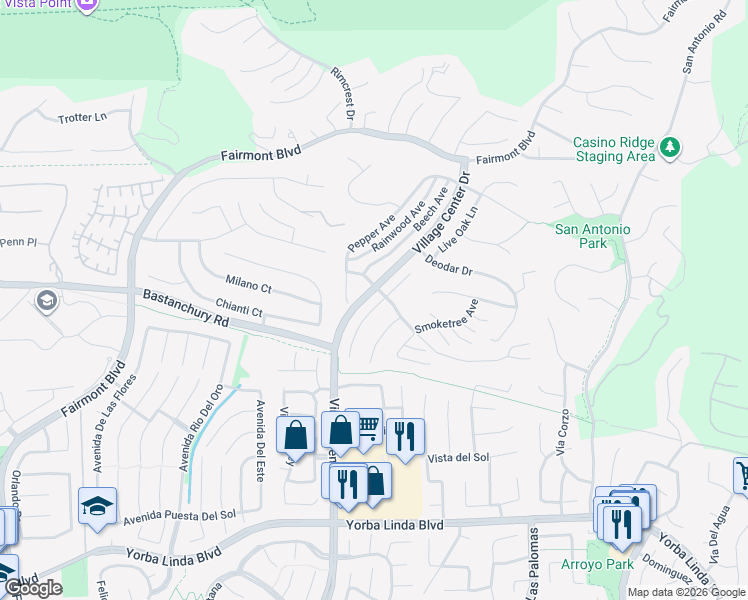 map of restaurants, bars, coffee shops, grocery stores, and more near 4309 Camphor Avenue in Yorba Linda