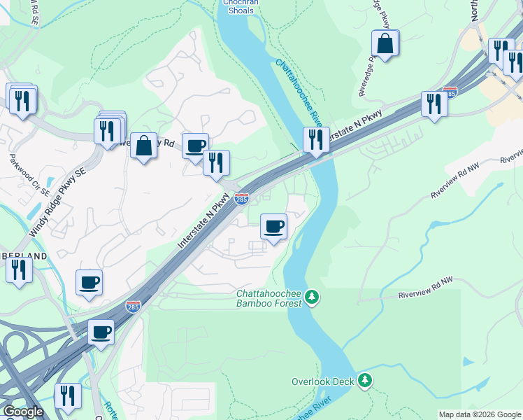 map of restaurants, bars, coffee shops, grocery stores, and more near 6640 Akers Mill Road Southeast in Atlanta