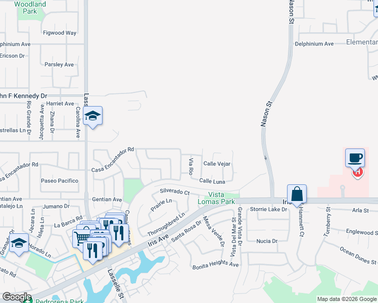 map of restaurants, bars, coffee shops, grocery stores, and more near 26532 Calle Belding in Moreno Valley