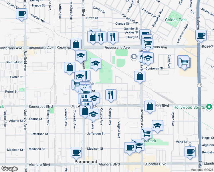 map of restaurants, bars, coffee shops, grocery stores, and more near 8118 3rd Street in Paramount