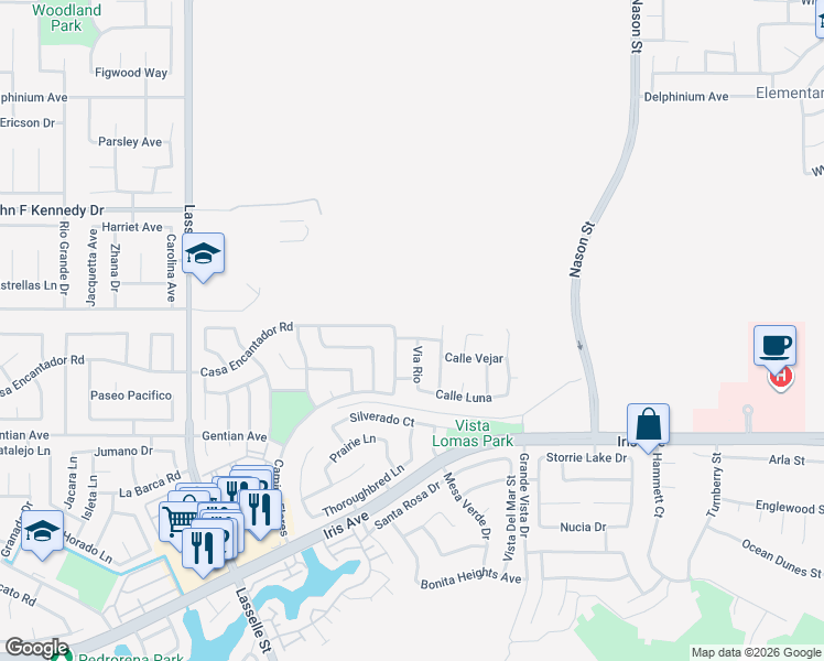 map of restaurants, bars, coffee shops, grocery stores, and more near 26607 Calle Belding in Moreno Valley