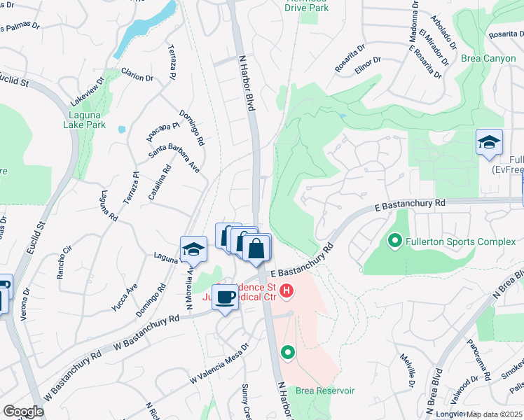 map of restaurants, bars, coffee shops, grocery stores, and more near 2440 North Harbor Boulevard in Fullerton