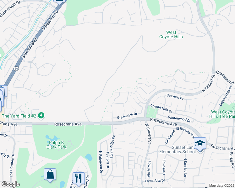 map of restaurants, bars, coffee shops, grocery stores, and more near 2413 Coventry Circle in Fullerton