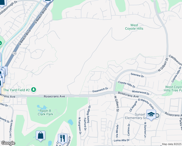 map of restaurants, bars, coffee shops, grocery stores, and more near 2530 Coventry Circle in Fullerton