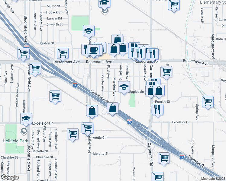 map of restaurants, bars, coffee shops, grocery stores, and more near 14606 Maryton Avenue in Norwalk