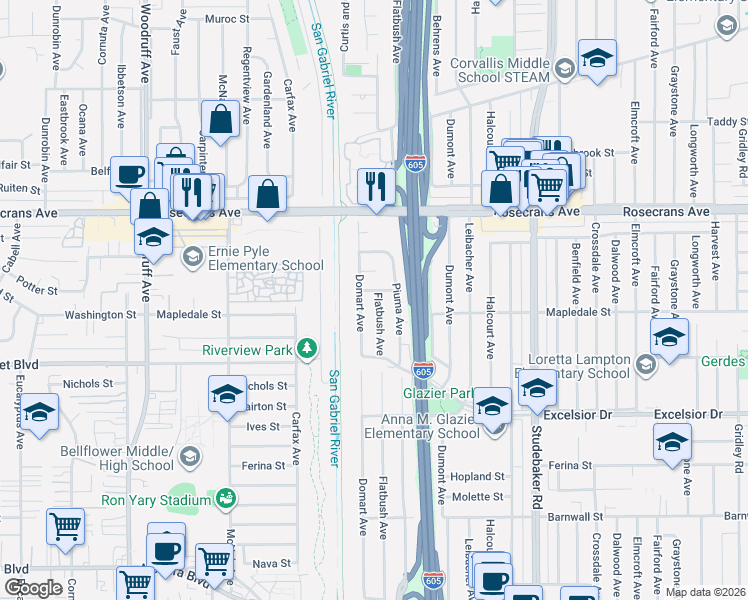 map of restaurants, bars, coffee shops, grocery stores, and more near 14523 Flatbush Avenue in Norwalk