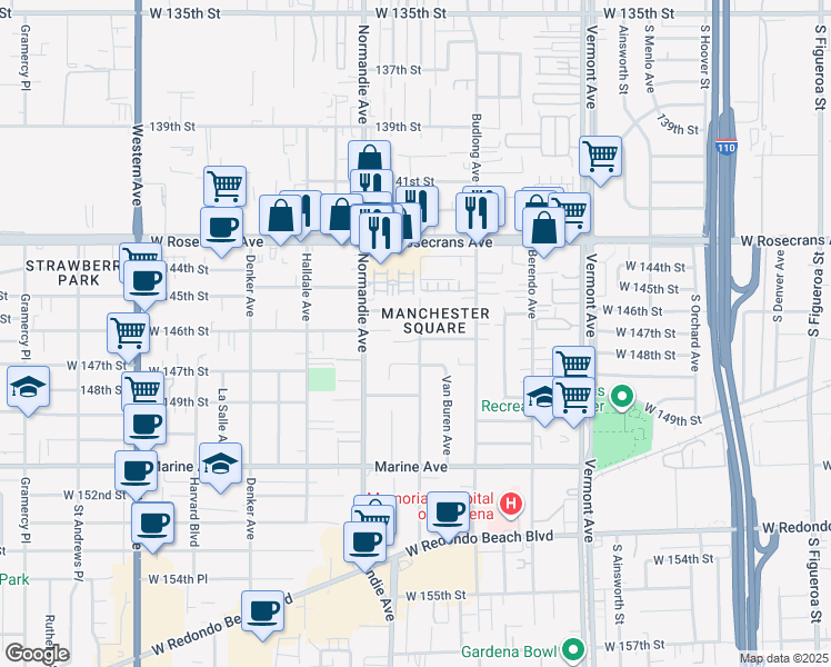 map of restaurants, bars, coffee shops, grocery stores, and more near 1320 West 146th Street in Gardena