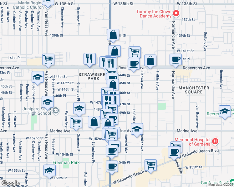 map of restaurants, bars, coffee shops, grocery stores, and more near 1730 West 146th Street in Gardena