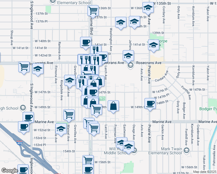 map of restaurants, bars, coffee shops, grocery stores, and more near 4231 West 147th Street in Lawndale