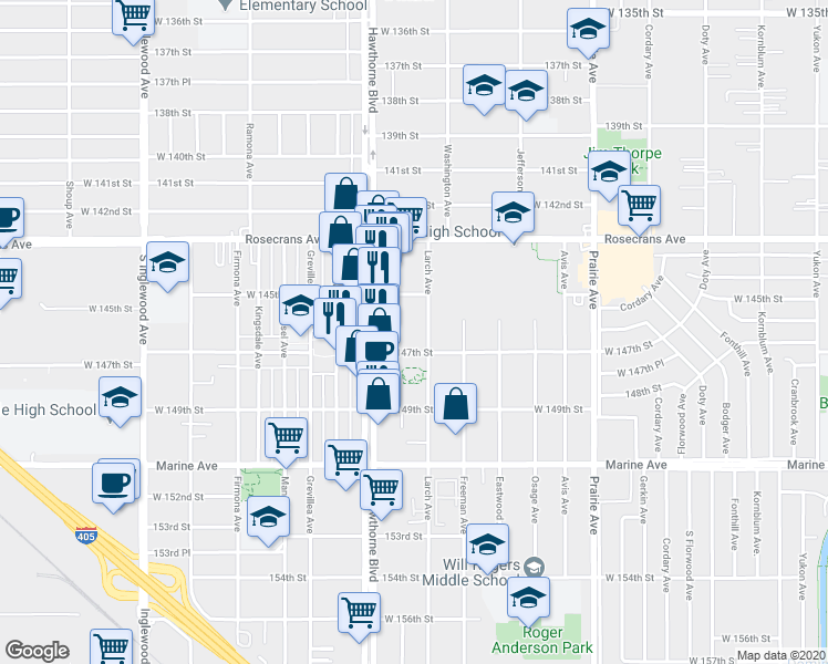 map of restaurants, bars, coffee shops, grocery stores, and more near in Lawndale