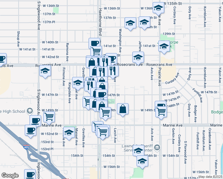 map of restaurants, bars, coffee shops, grocery stores, and more near in Lawndale