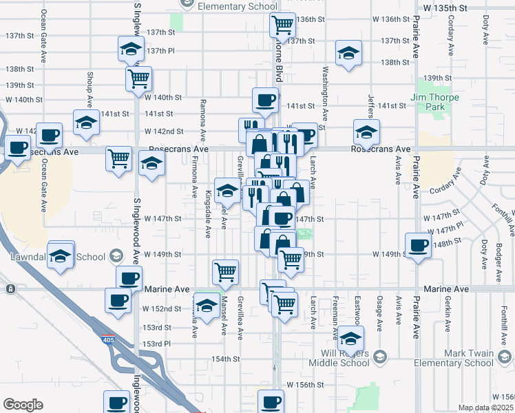 map of restaurants, bars, coffee shops, grocery stores, and more near 14615 Burin Avenue in Lawndale