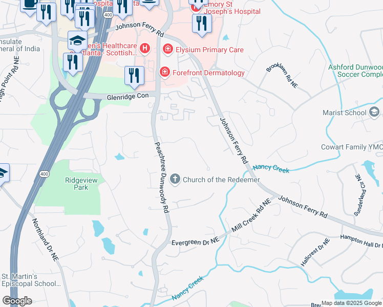 map of restaurants, bars, coffee shops, grocery stores, and more near 1145 Kingston Drive Northeast in Atlanta