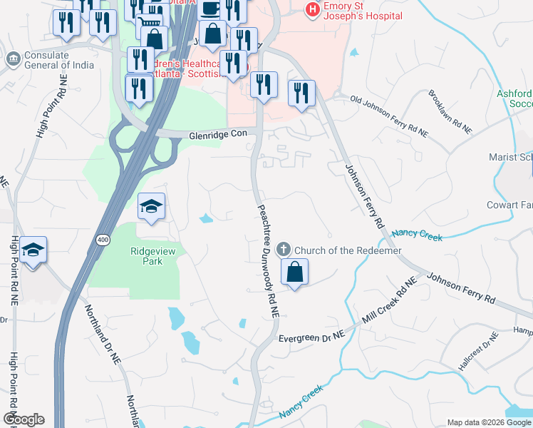 map of restaurants, bars, coffee shops, grocery stores, and more near 105 Kingston Manor Northeast in Atlanta