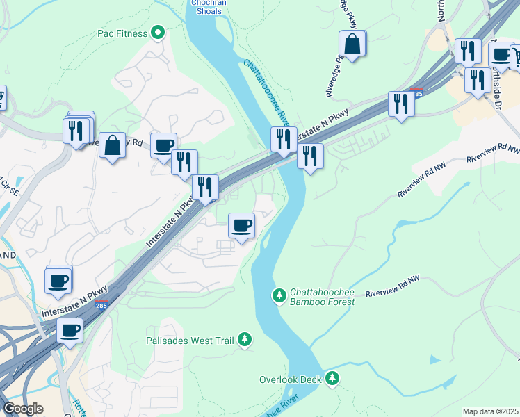 map of restaurants, bars, coffee shops, grocery stores, and more near 1063 Riverbend Club Drive Southeast in Atlanta
