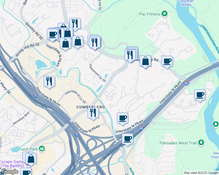 map of restaurants, bars, coffee shops, grocery stores, and more near 204 Windy Ridge Lane Southeast in Atlanta