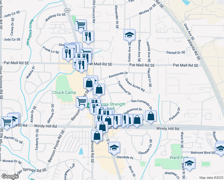map of restaurants, bars, coffee shops, grocery stores, and more near 545 Wooddale Drive in Smyrna