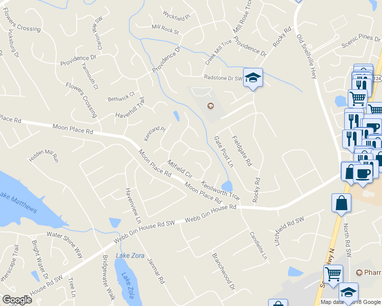 map of restaurants, bars, coffee shops, grocery stores, and more near 2045 Milfield Circle in Snellville