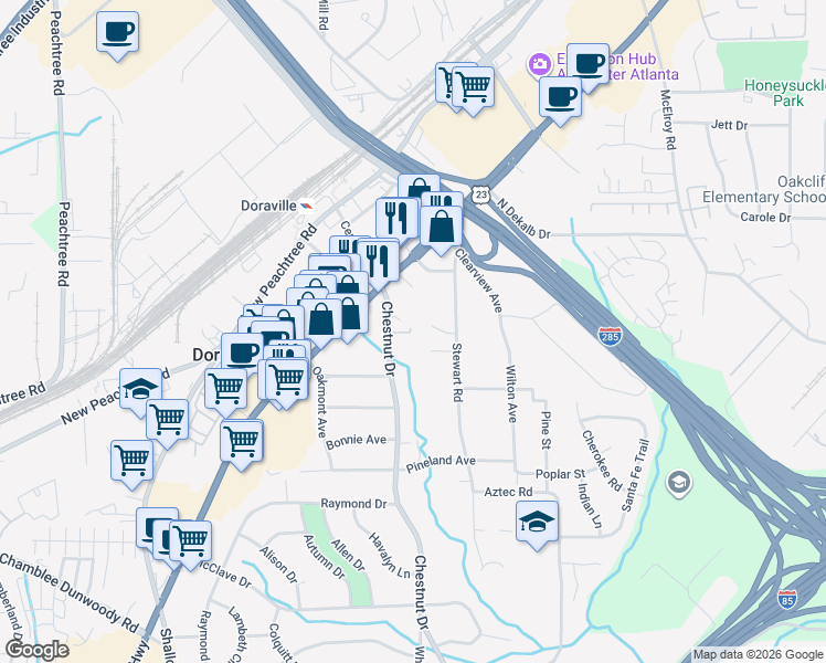 map of restaurants, bars, coffee shops, grocery stores, and more near 3665 Chestnut Drive in Doraville
