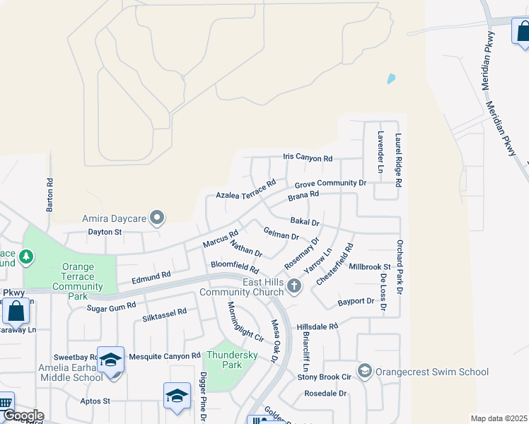 map of restaurants, bars, coffee shops, grocery stores, and more near 20611 Bakal Drive in Riverside