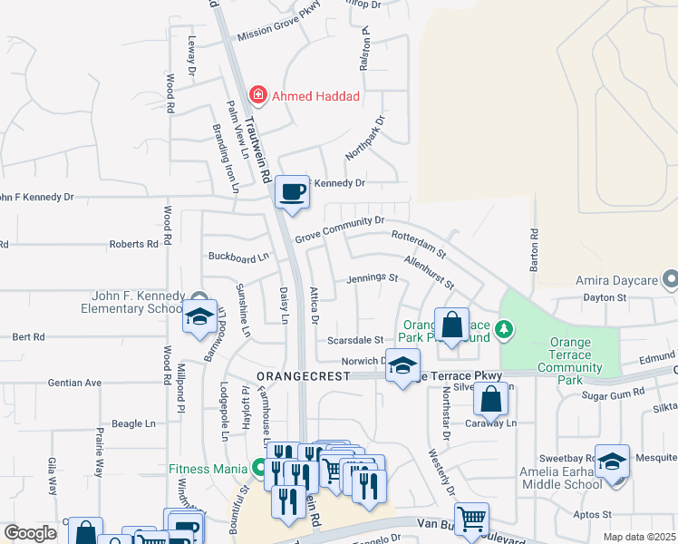 map of restaurants, bars, coffee shops, grocery stores, and more near 8380 Manhasset Street in Riverside
