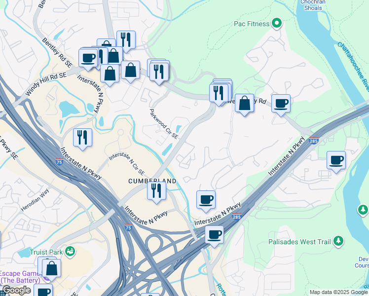 map of restaurants, bars, coffee shops, grocery stores, and more near 3505 Windy Ridge Lane Southeast in Atlanta