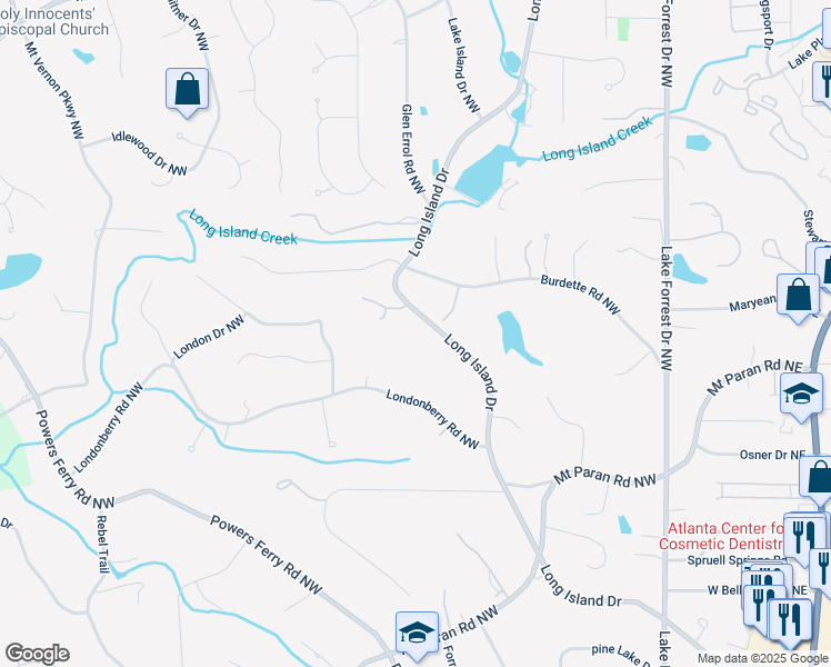 map of restaurants, bars, coffee shops, grocery stores, and more near 5260 Long Island Drive in Atlanta