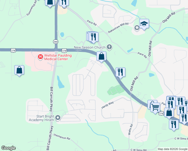 map of restaurants, bars, coffee shops, grocery stores, and more near 78 Highland Falls Drive in Hiram