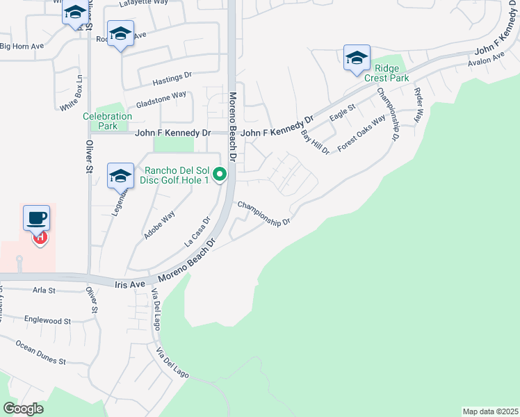 map of restaurants, bars, coffee shops, grocery stores, and more near 28092 Championship Drive in Moreno Valley