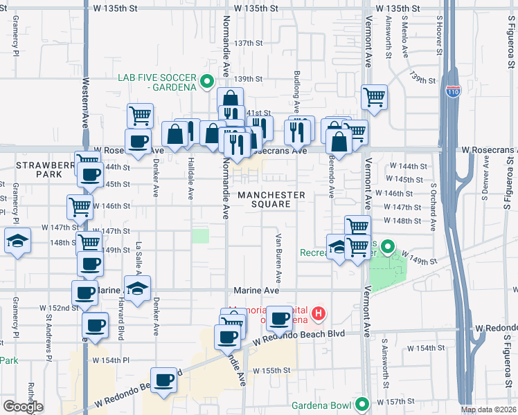 map of restaurants, bars, coffee shops, grocery stores, and more near 1303 West 146th Street in Gardena
