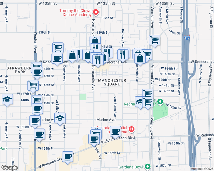 map of restaurants, bars, coffee shops, grocery stores, and more near 1320 West 146th Street in Gardena
