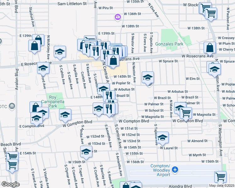 map of restaurants, bars, coffee shops, grocery stores, and more near 1805 West Brazil Street in Compton
