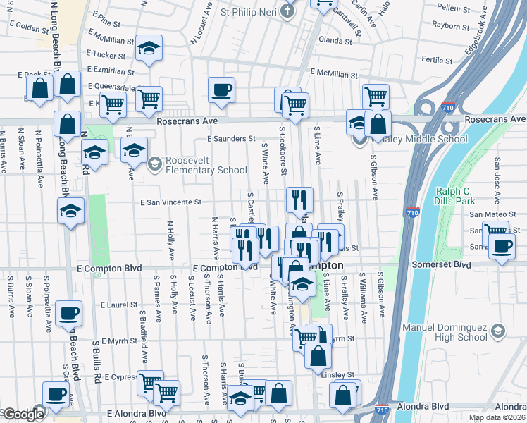 map of restaurants, bars, coffee shops, grocery stores, and more near 14806 South White Avenue in Compton