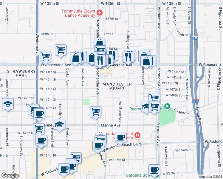 map of restaurants, bars, coffee shops, grocery stores, and more near 1303 West 146th Street in Gardena