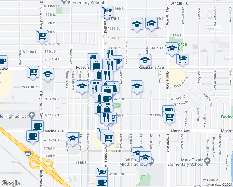map of restaurants, bars, coffee shops, grocery stores, and more near 14611 Larch Avenue in Lawndale