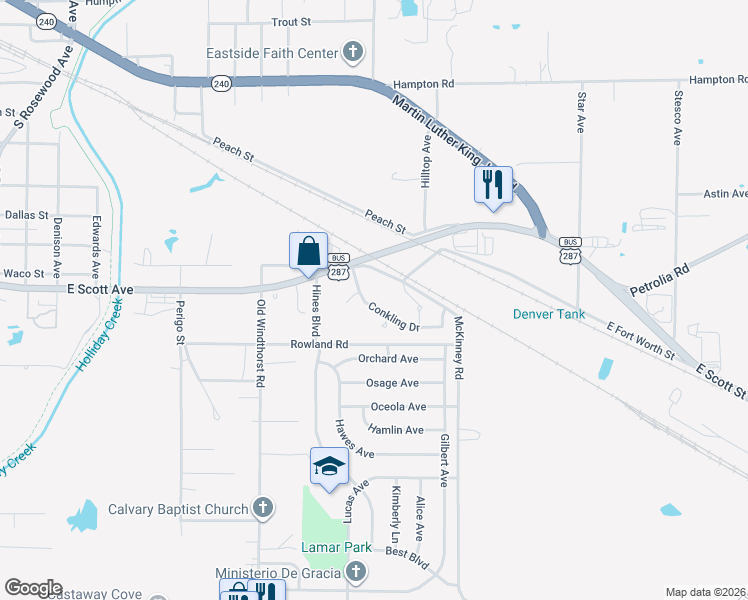 map of restaurants, bars, coffee shops, grocery stores, and more near 1621 Conkling Drive in Wichita Falls