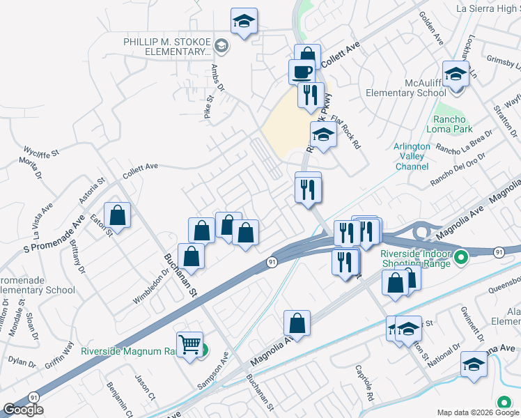 map of restaurants, bars, coffee shops, grocery stores, and more near in Riverside